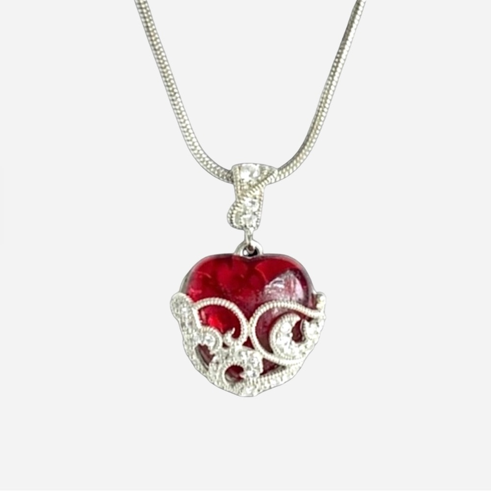 925 sterling silver red glass necklace